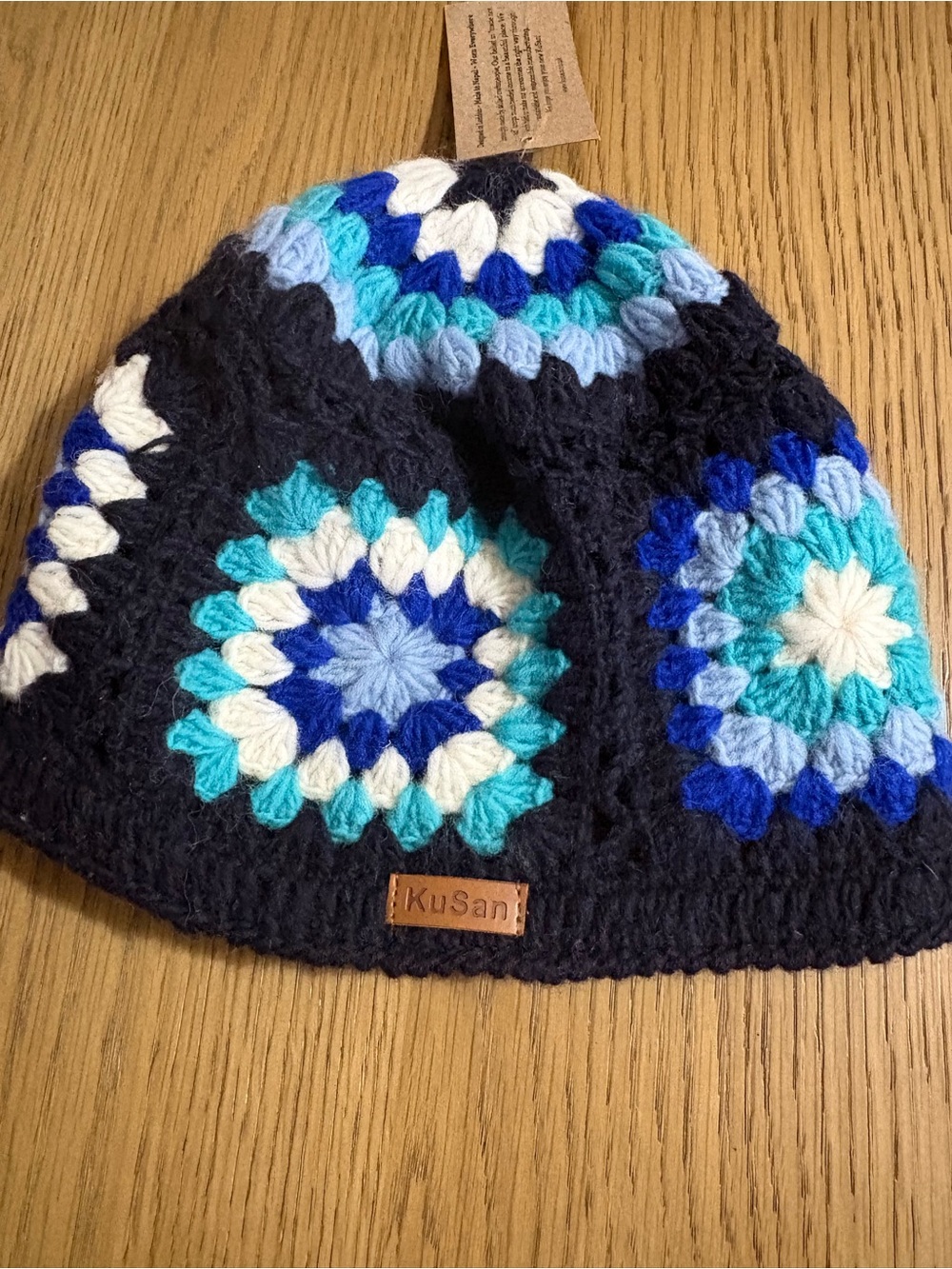 Kids Navy Crochet Beanie Hat with Blue & Aqua Floral Medallions